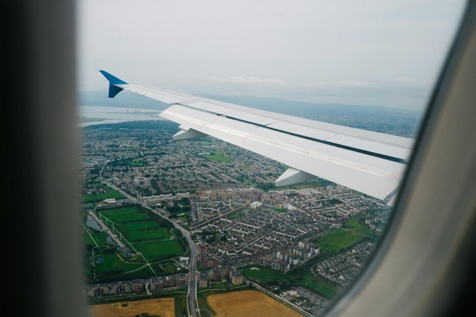 View of buildings from the airplane window